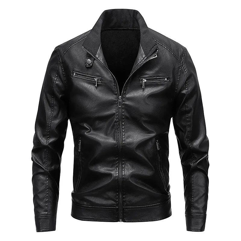 Autumn Winter Men Leather Coat Thicken Cold-proof Motorcycle Punk Man Outerwear Stand Collar Long Sleeve Zipper Male Jacket