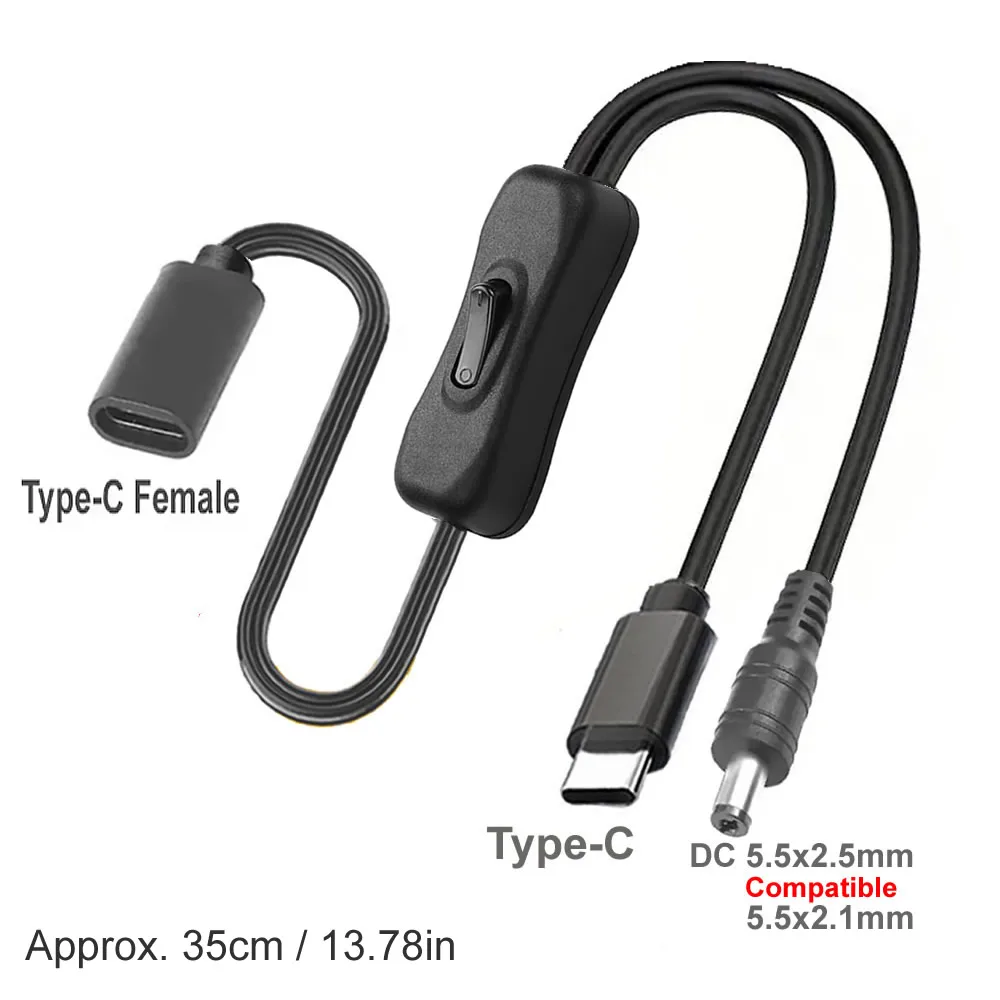 2-in-1-USB-Typ-C-Verlängerungskabel mit Ein-/Aus-Schalter-Taste, USB-C PD auf Micro-USB/DC, 5,5 x 2,1 mm, Netzkabel, 5 V, universell Typ C