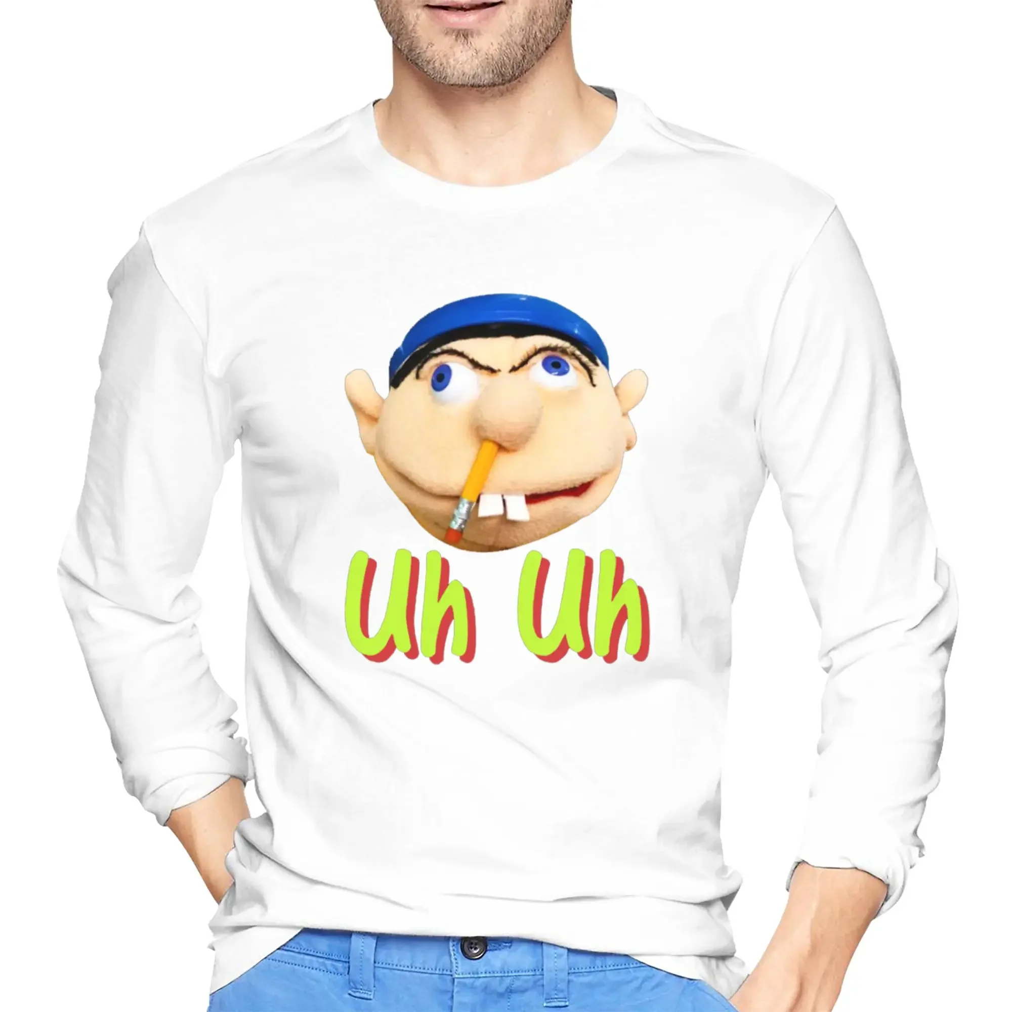 

jeffy i hate green beans Men's Long Sleeved T-shirt Fashion Round Neck T shirts Spring and Autumn Men tops