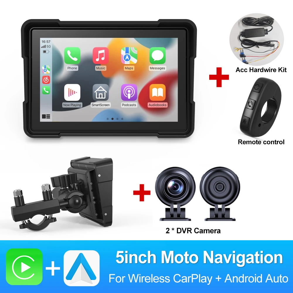 BEPOCAM 5-inch motorfiets GPS-navigatie Draadloos Carplay Android Auto Dual DVR Drive Recorder Moto Monitor WIFI IPX7 Waterdicht
