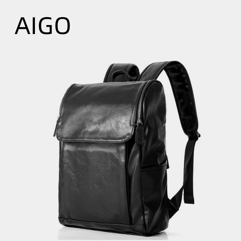 Aigo-Mochila Masculina de Couro PU Macio, Mochilas Casual, Mochila Escolar Masculina, Mochilas de Viagem