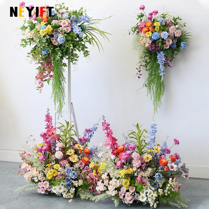 Colorful Rose Peony Green plant leaves Wall Hanging Corner Flower Row Event Wedding Backdrop Arch Decor Floor Floral Arrangement