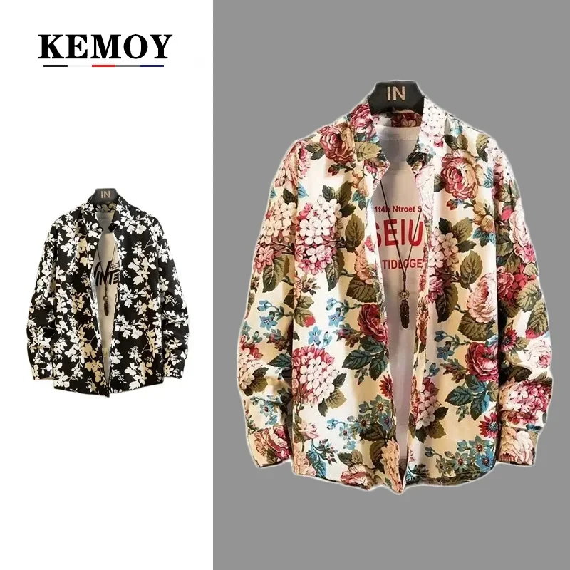 Autumn New Rose Mens Shirt Hawaiian Casual Printing Slim Long Sleeve Turn-Down Collar Button Party shirt