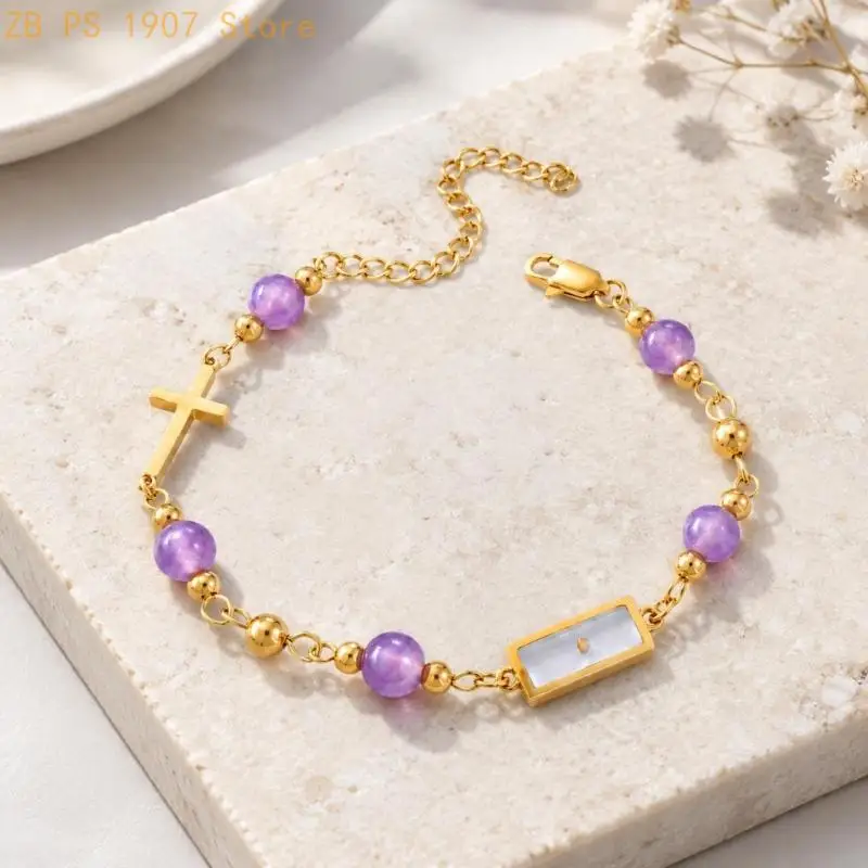 Symbolic Faith Bracelet with Beaded Links, Stainless Steel Lobster Clasp Selectable Closure Wristband Jewelry 55KA