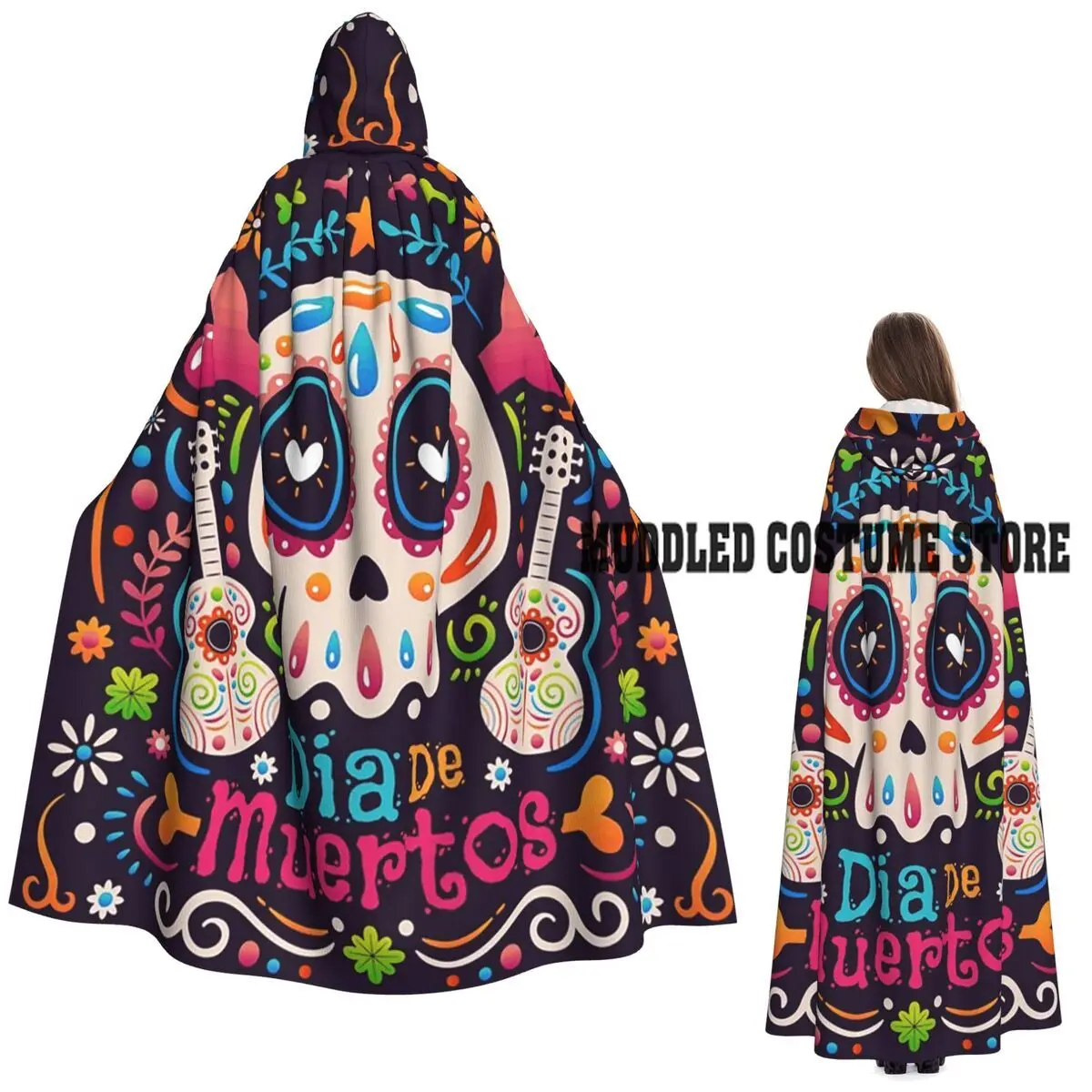 

Мексиканский длинный плащ с сахарными черепами и цветами, средневековый костюм ведьмы, накидка для косплея, накидка на Хэллоуин, вампир для взрослых, унисекс