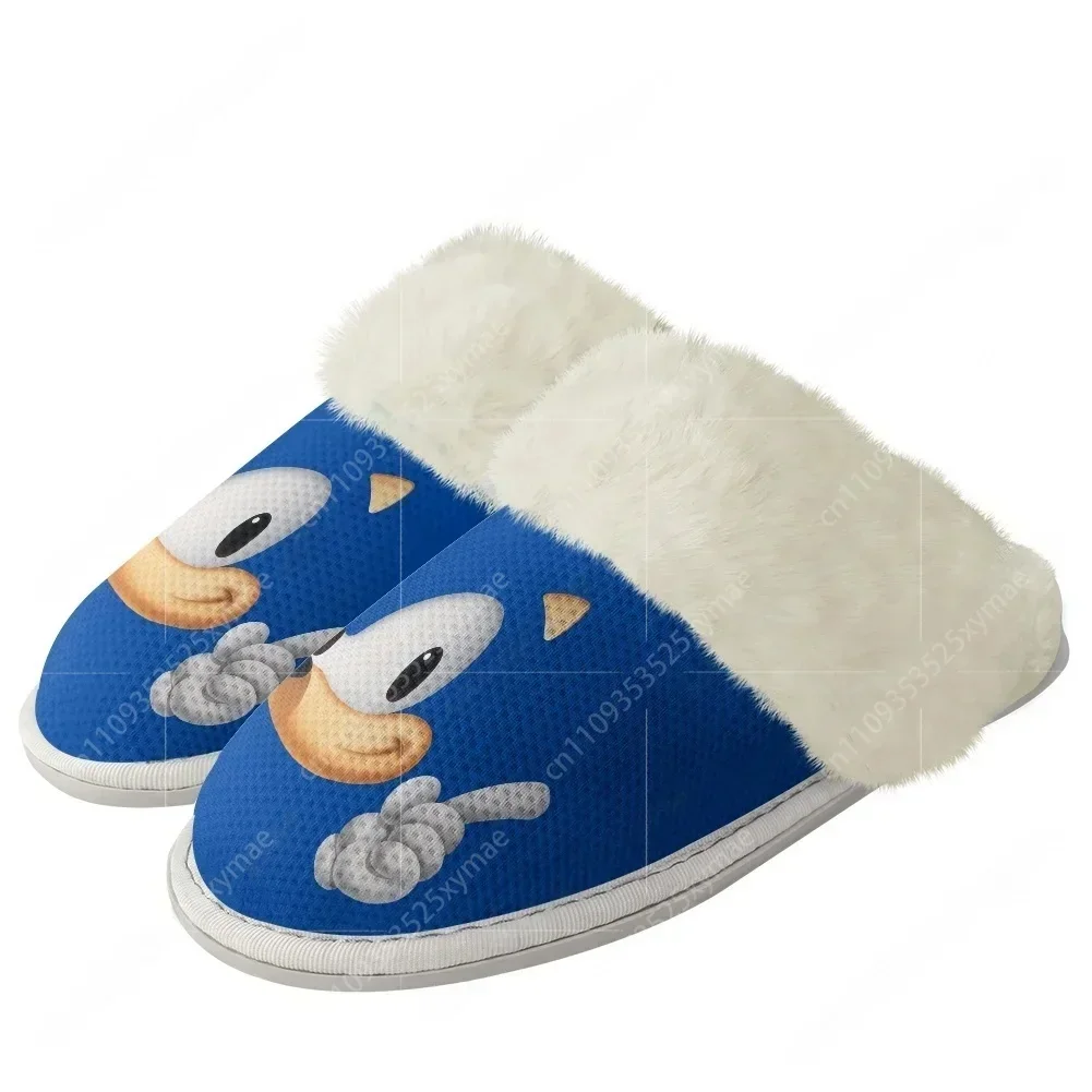 Cute Cartoon Blue Hedgehog Pattern Plush Slippers Keep Warm Shoes Mens Womens Home Cotton Bedroom Custom Thermal Light Slipper