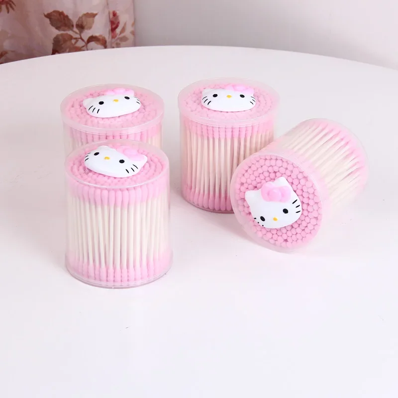 Confezione da 200 pezzi Hello Kitty Spiral Double Head Cotton fioc Stick Cotton Ball Anime Cute Cleaning Tools scarico tampone di cotone per il