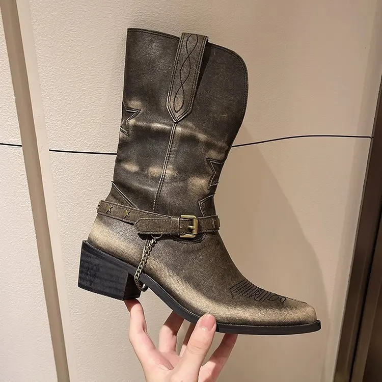 Botas de cowboy ocidentais de luxo para mulheres, saltos grossos pontiagudos, botas de cavaleiro, fivela do cinto, manga em V, botas curtas grandes, novas, 2024