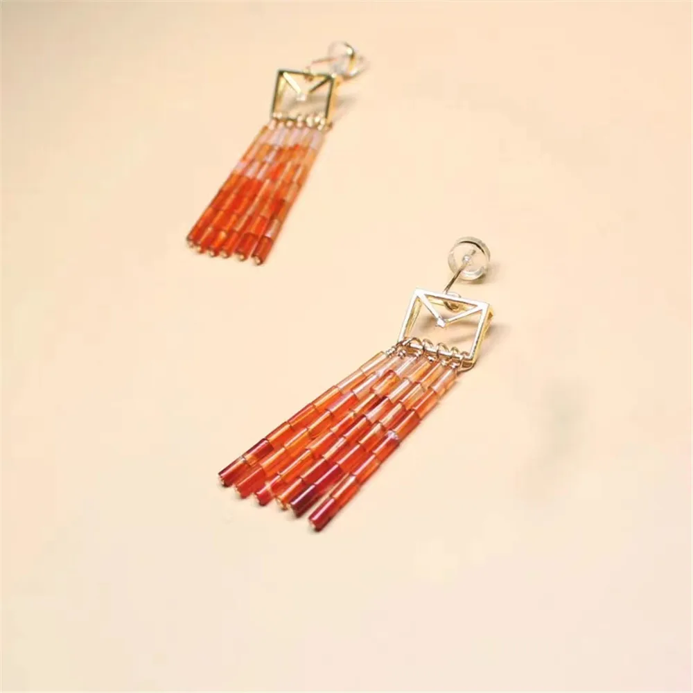 Natural Red Agate Earrings Women's Original Design Retro Style Tassel 925 Sterling Silver Jewelry Bamboo Shape Beads Ear Wire