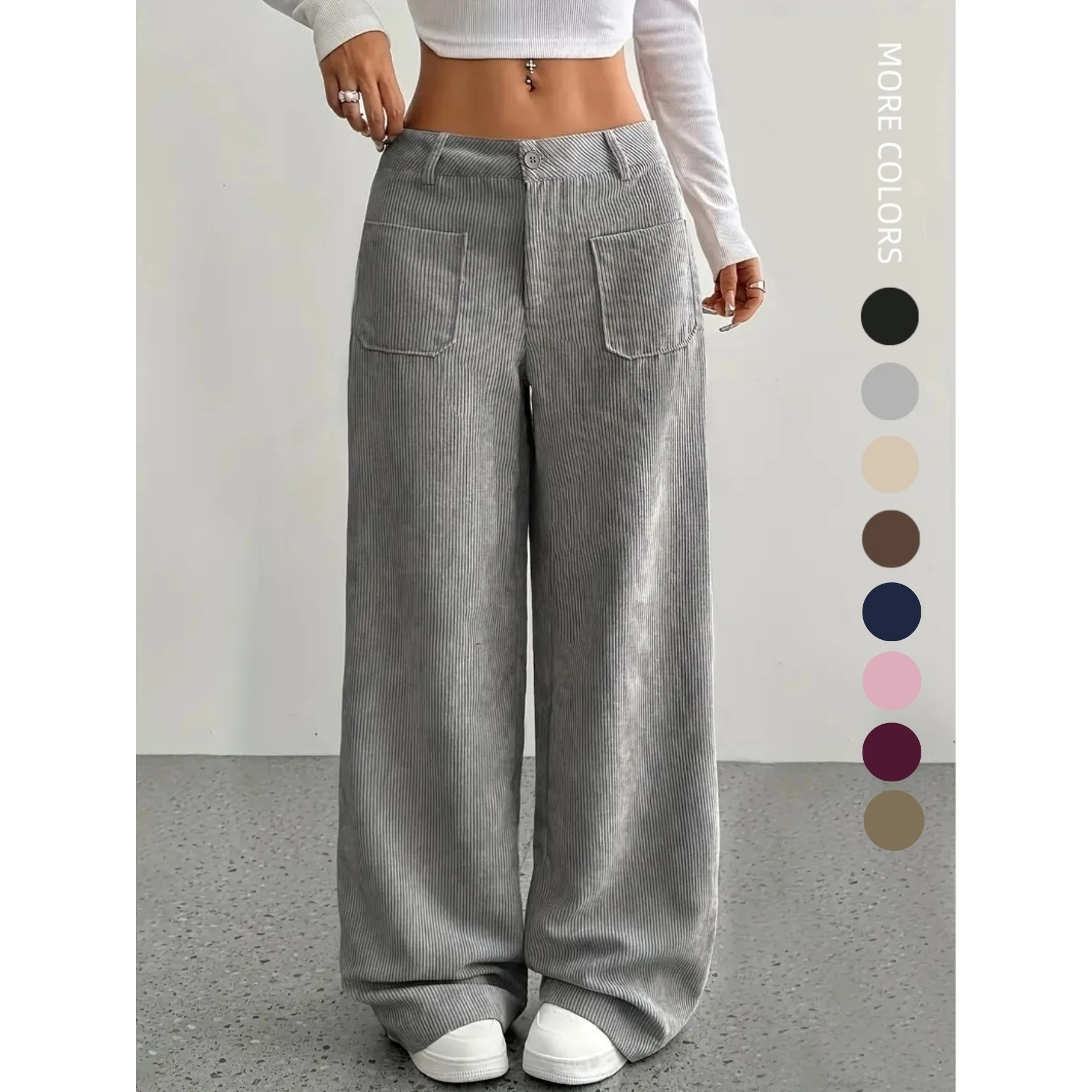 Casual Wide Leg Pants Floor-Length Pocket Pure Color Loose Fit Women's Cross-Border Leisure Trousers Low Waist Velvet