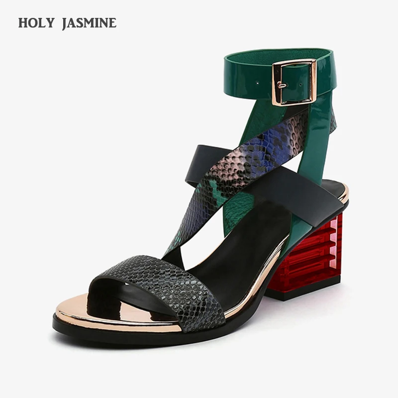 2022 New Gladiator Sandals Women Mixed Color Cross Strap Transparent Square Heel Genuine Leather Narrow Band Shoes Women Sandals