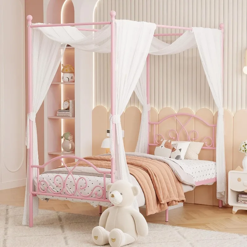 Princess Canopy Bed Frame with 4 Posters with Headboard&Footboard No Box Spring Needed Twin Size Bed ,Pink