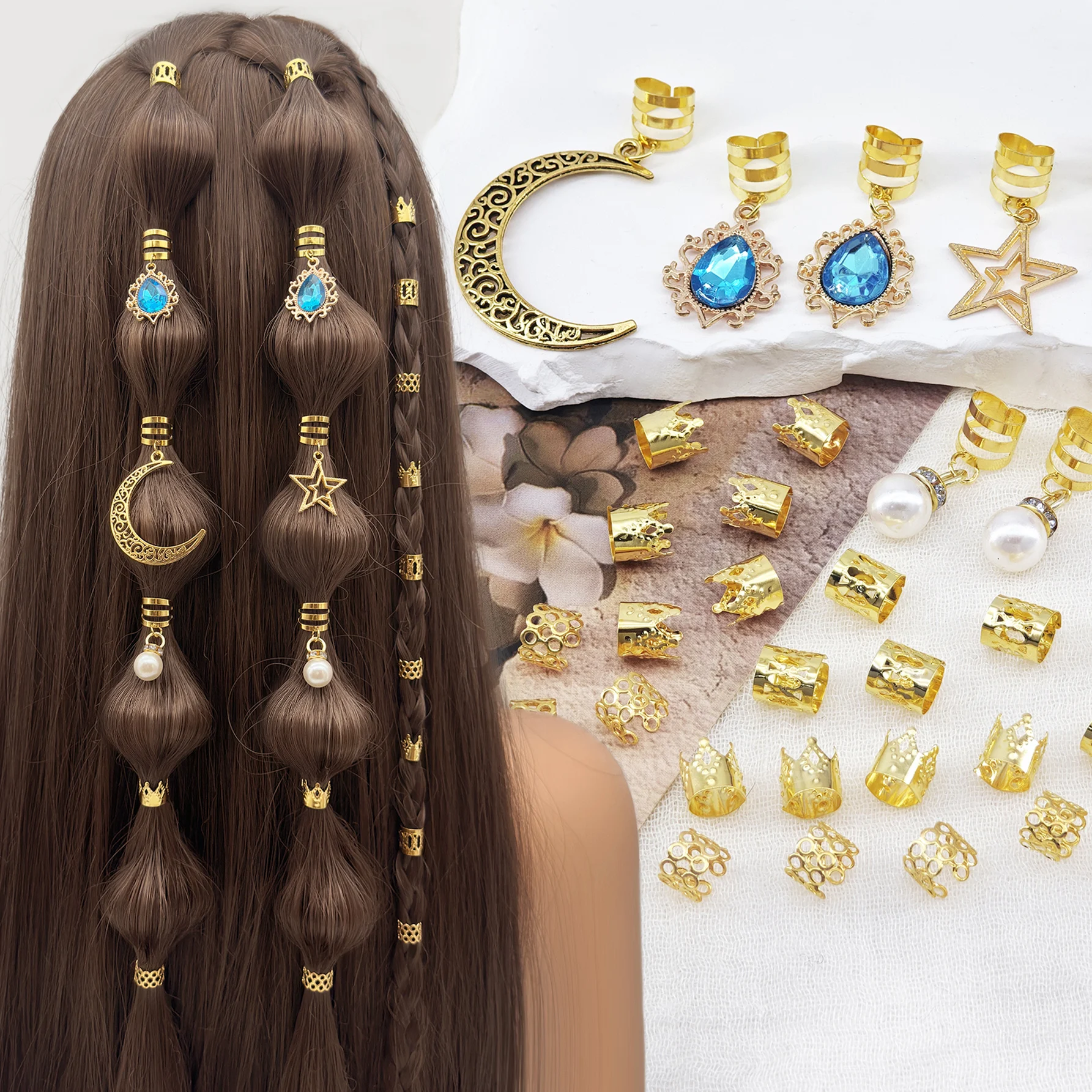 36pcs Hair Charms Braids Gold Hollow Moon& Green Filigree Inlaid Rhinestone Braid Accessories Loc Jewelry for Women  (moon)