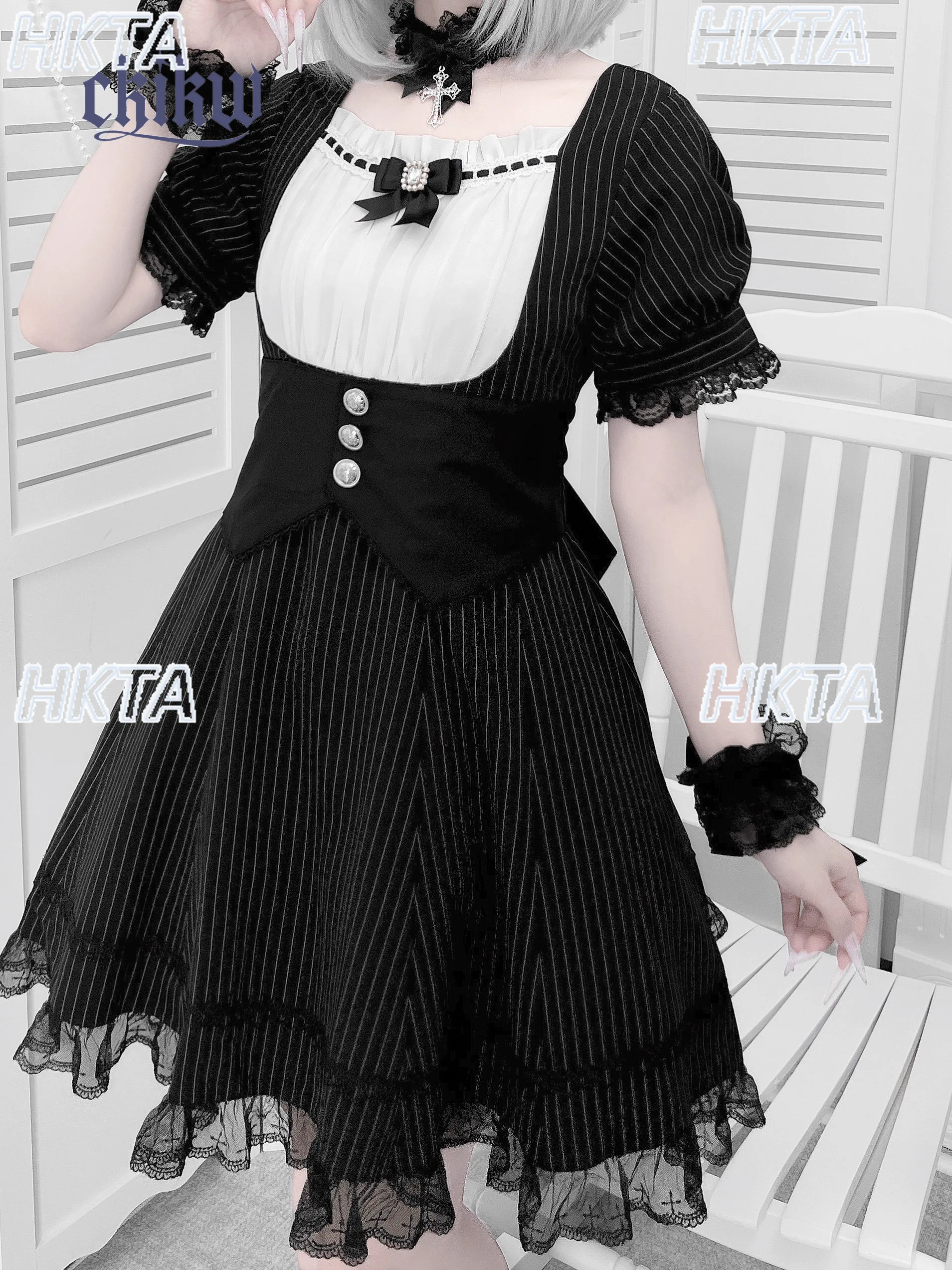 일본 서브컬쳐 버블 반팔 스퀘어넥 하이웨이스트 레이스 스티치 로리타 드레스 여성용 스윗 보우 블랙 앤 화이트 드레스