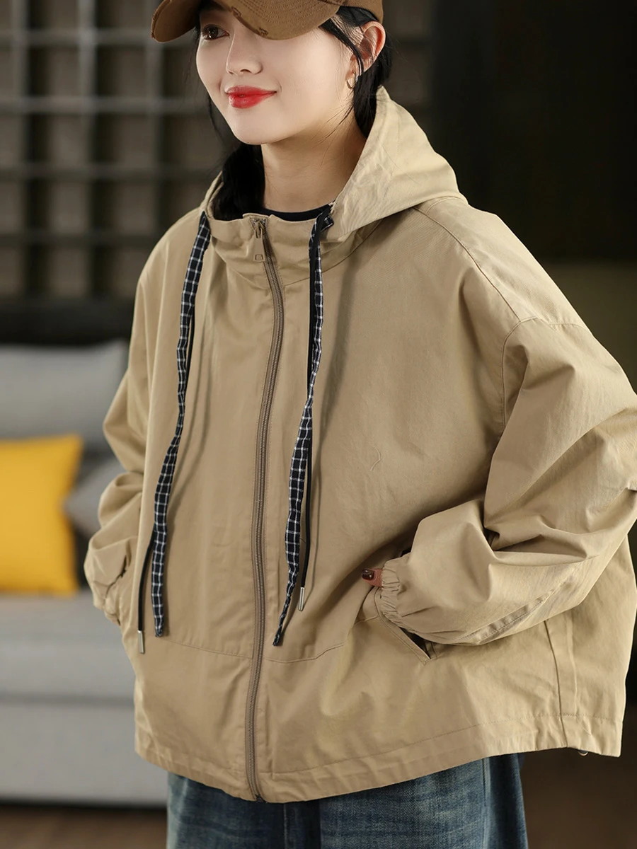 

Retro Sle Women's Hooded Jaet Double Layer Cotton Outerwear Cardigan Spring Faion Ladies' ort Coat Long Sve Zipper