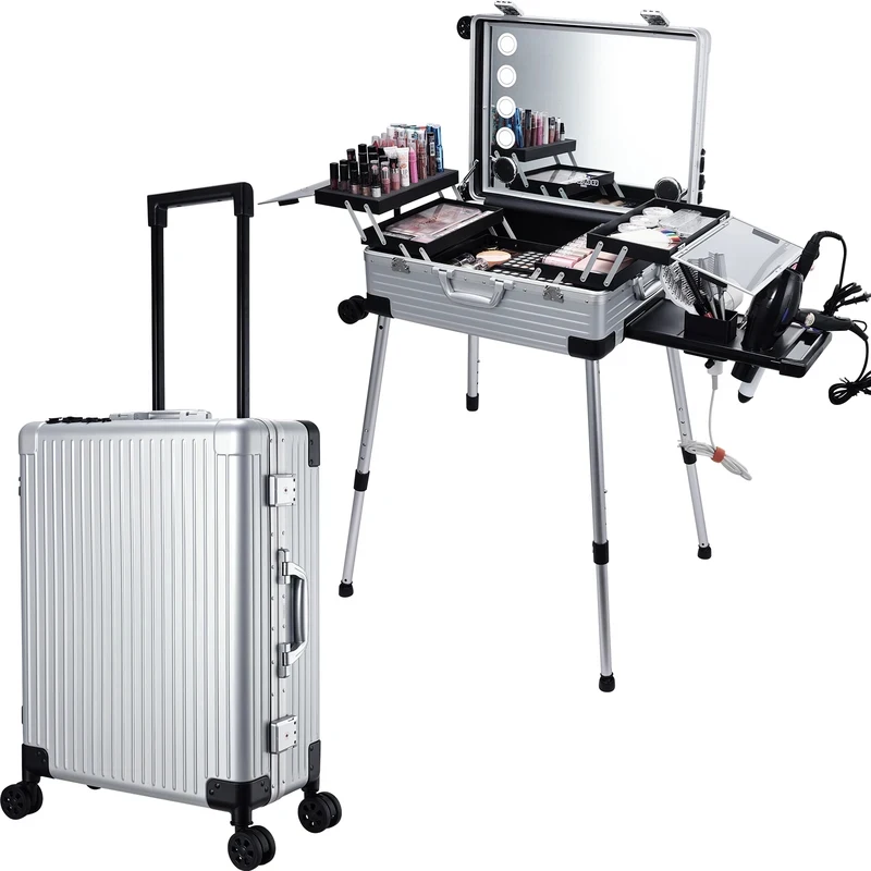 2026 New 24'' Rolling Makeup Case Full Screen Lighted Mirror Bluetooth Speaker Aluminum Barber Trolley Hair Salon Station