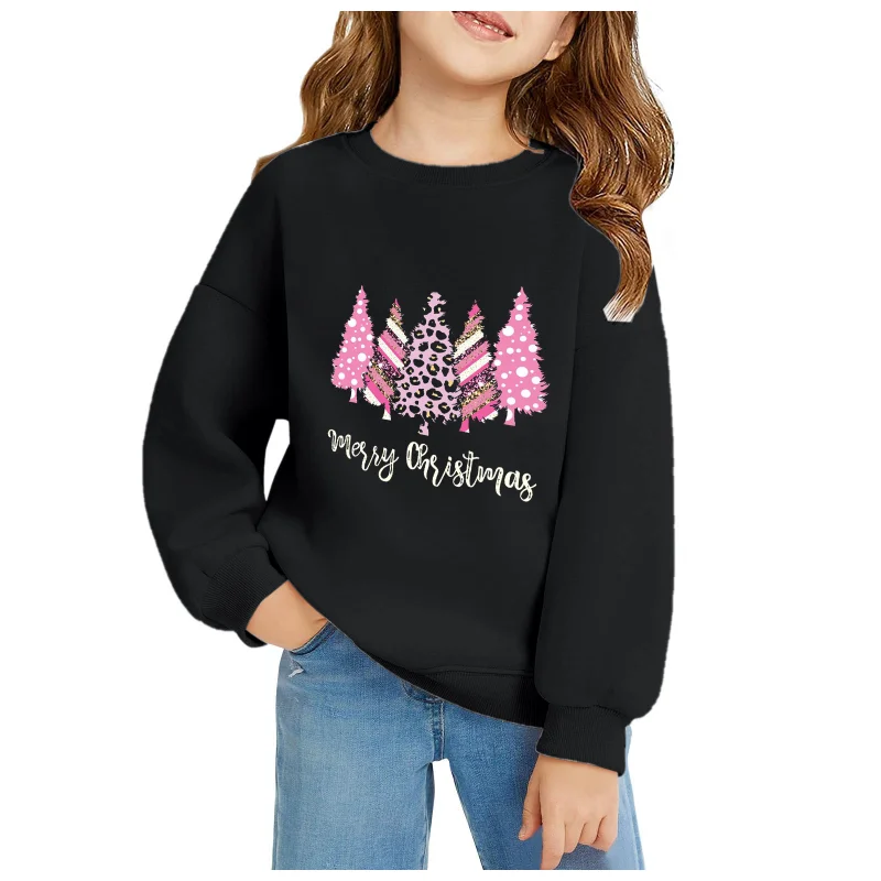 Kids Merry Christmas Pink Leopard Tree Print Sweatshirt Girls Crew Neck Long‑Sleeve Pullover Casual Loose Children Holiday Top