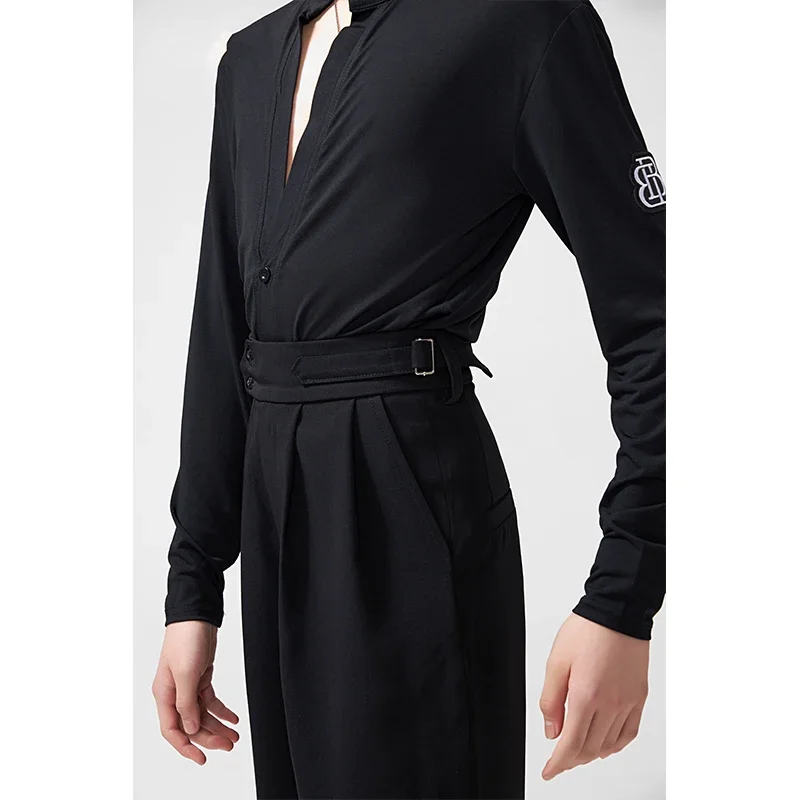 Spodnie do tańca latynoamerykańskiego męskie, luźne, z wysokim stanem, czarne spodnie do tańca latynoamerykańskiego dla dorosłych, odzież na zawody tańca towarzyskiego Cha Cha