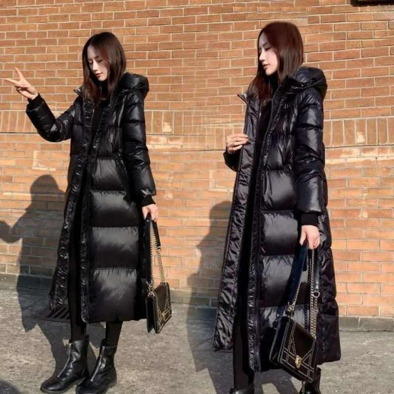 Parka negra brillante para mujer, Chaqueta larga holgada con capucha gruesa a prueba de viento y lluvia, prendas de vestir cálidas a la moda para invierno, 2023