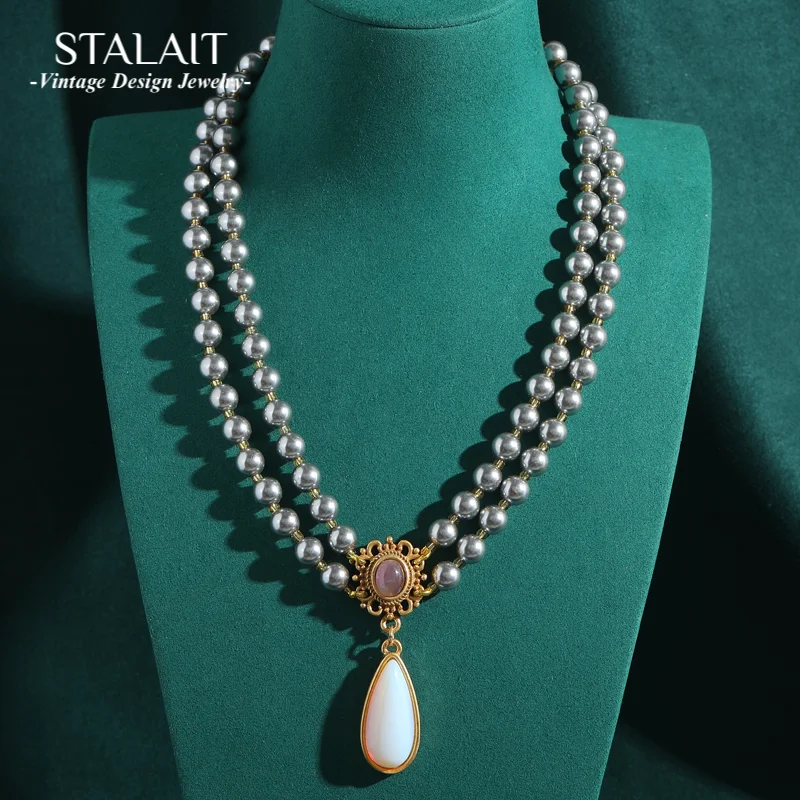 

Vinatage Gary Layered Necklaces Pearl Opal Jewelry Long Water Drop Pendants And Charms Antique Gold Color Woman Accessories 2025