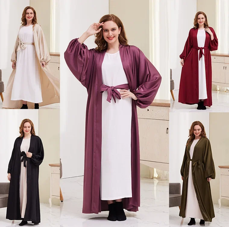 

2025 NEW Muslim Abayat Dress for Women Monochrome Bubble Sleeve Robe Loose and Elegant Europe and America Fashion