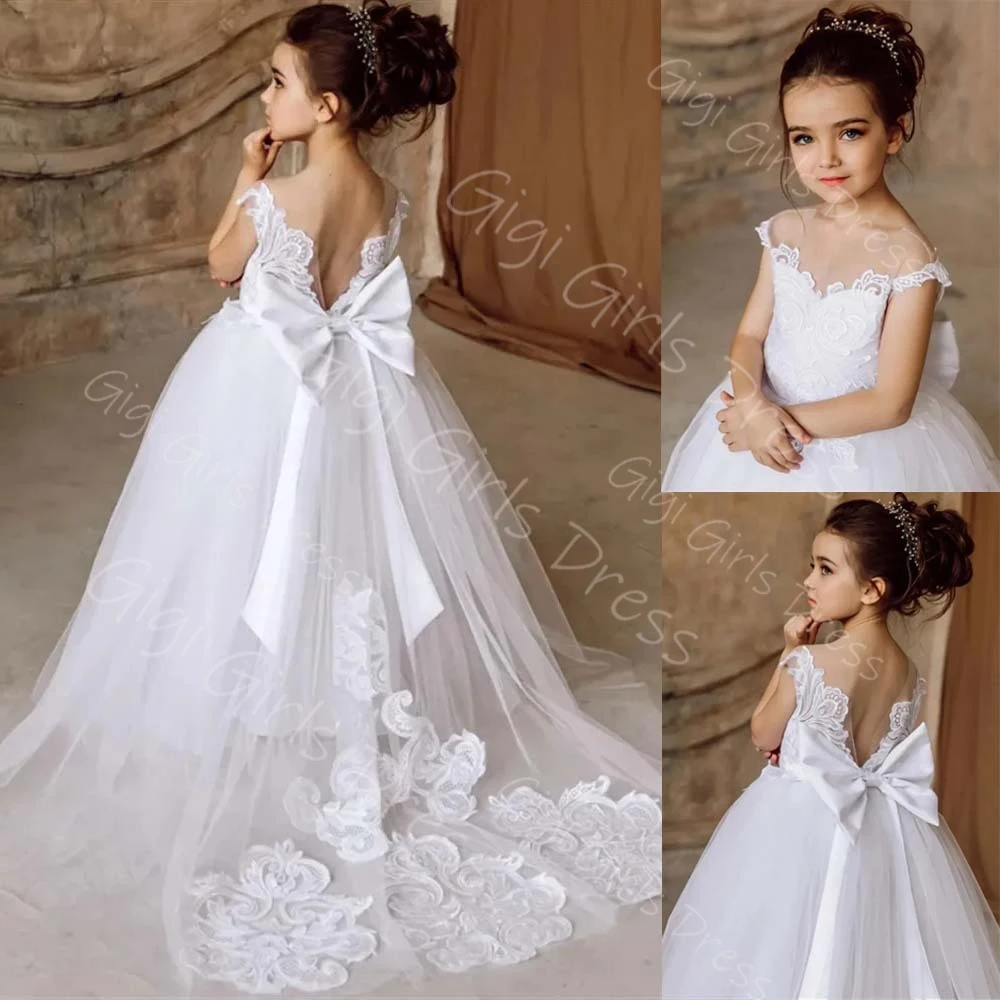 White Flower Girl Dress Kids Sheer Neck V Back Appliqued Tulle First Communion Dress Custom Wedding Party Gown with Bow/Train