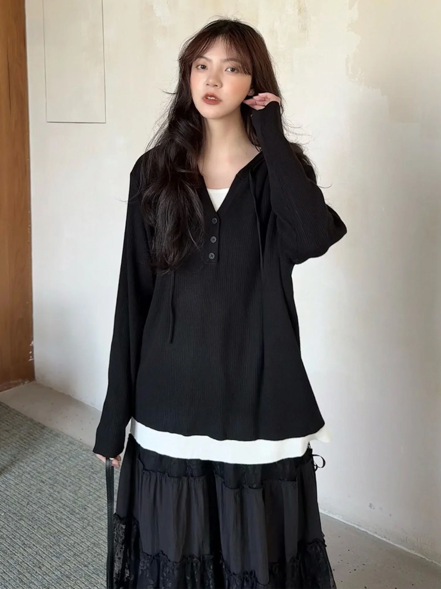 

Land And Mountain【Ballet】New Wool Blend Hooded Color Blo Design Knitted Sweater Fake Two-Piece Long Sve Regular Length