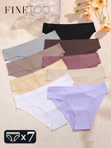FINETOO 7Pcs 여성을위한 얼음 실크 원활한 속옷 섹시한 울트라 얇은 낮은 허리 팬티 여성 편안한 Soild 팬티 란제리