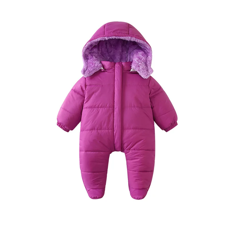 2024 Autumn Winter Solid Color Baby Girl Hooded Coat Thickened Jumpsuit with Zipper Newborn Warm Rompers Boutique Clothing