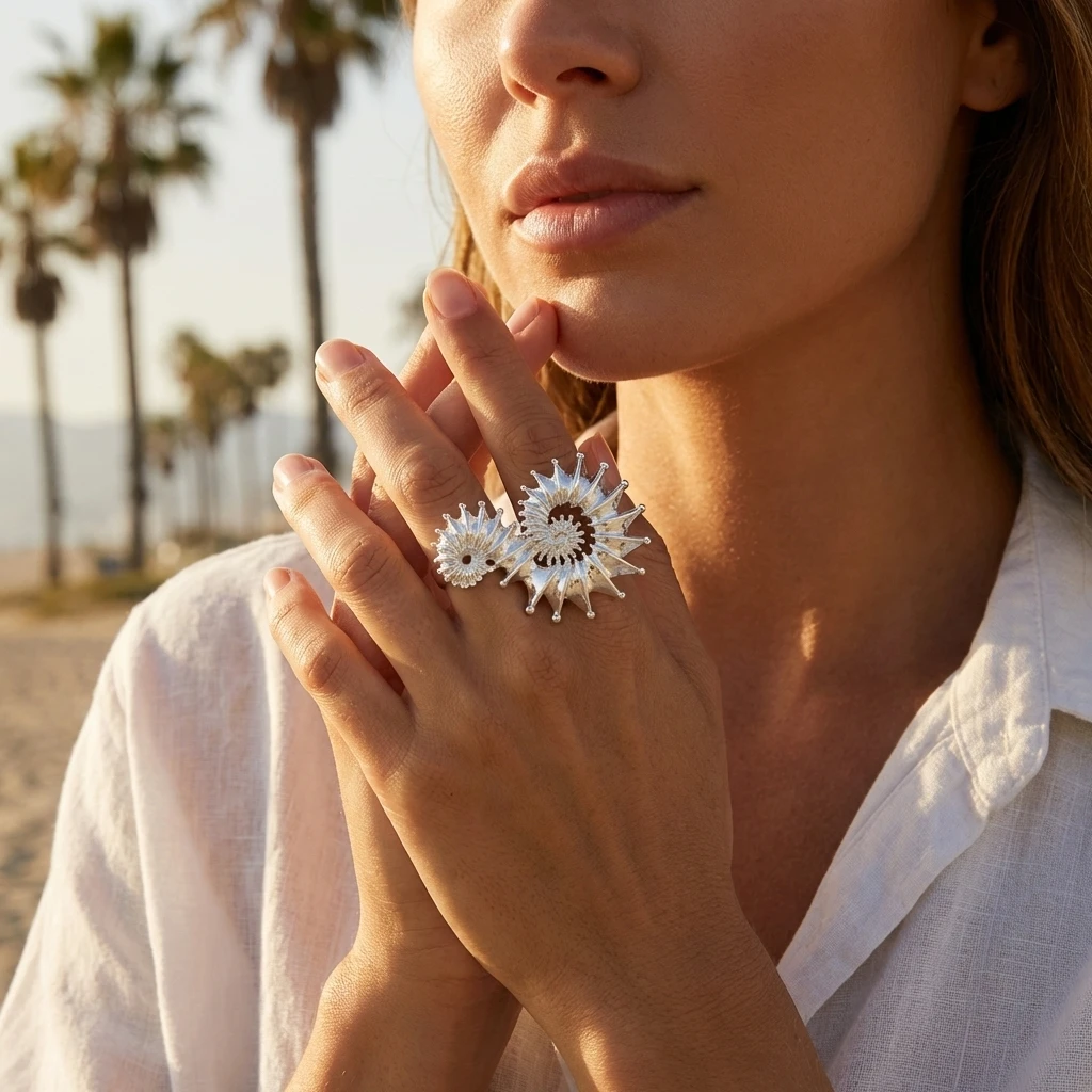 Avant Garde Statement Ring for Women Oversized Spiked Spiral Shell Adjustable Silver-Tone Chunky Edgy Y2K Aesthetic Jewelry