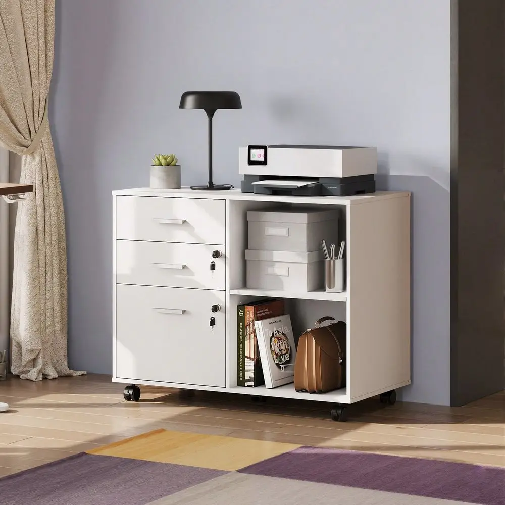 

Locking Wood File Cabinet, Mobile Lateral Filing Cabinet, Printer Stand With Open Storage Shelves For Home Office