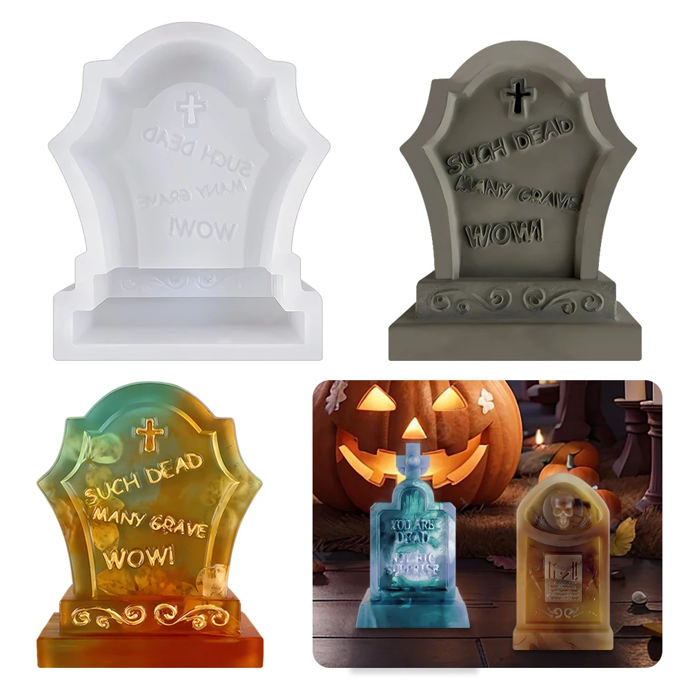 S0108 Halloween Concrete Cross Tombstone Mold DIY Plaster Skull Gravestone Candle Silicone Mold Decorative Making