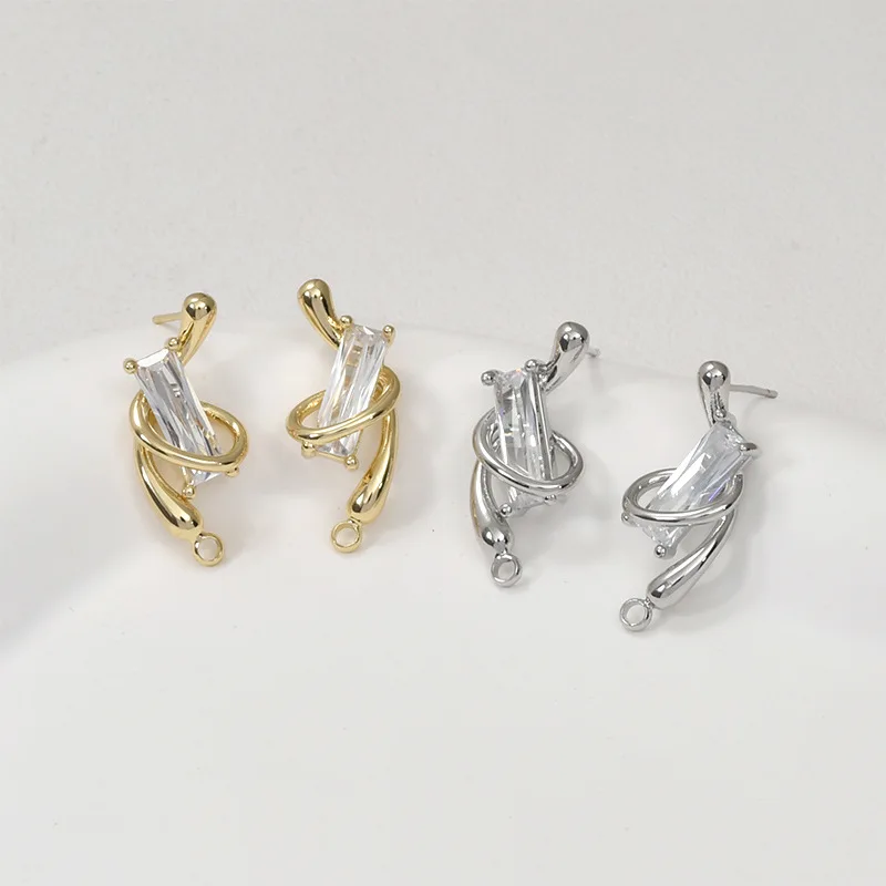 Copper-plated 14k Gold Color Rectangular Zircon Lines with Hanging Silver Needle Earrings DIY Homemade Ear Jewelry Accessories