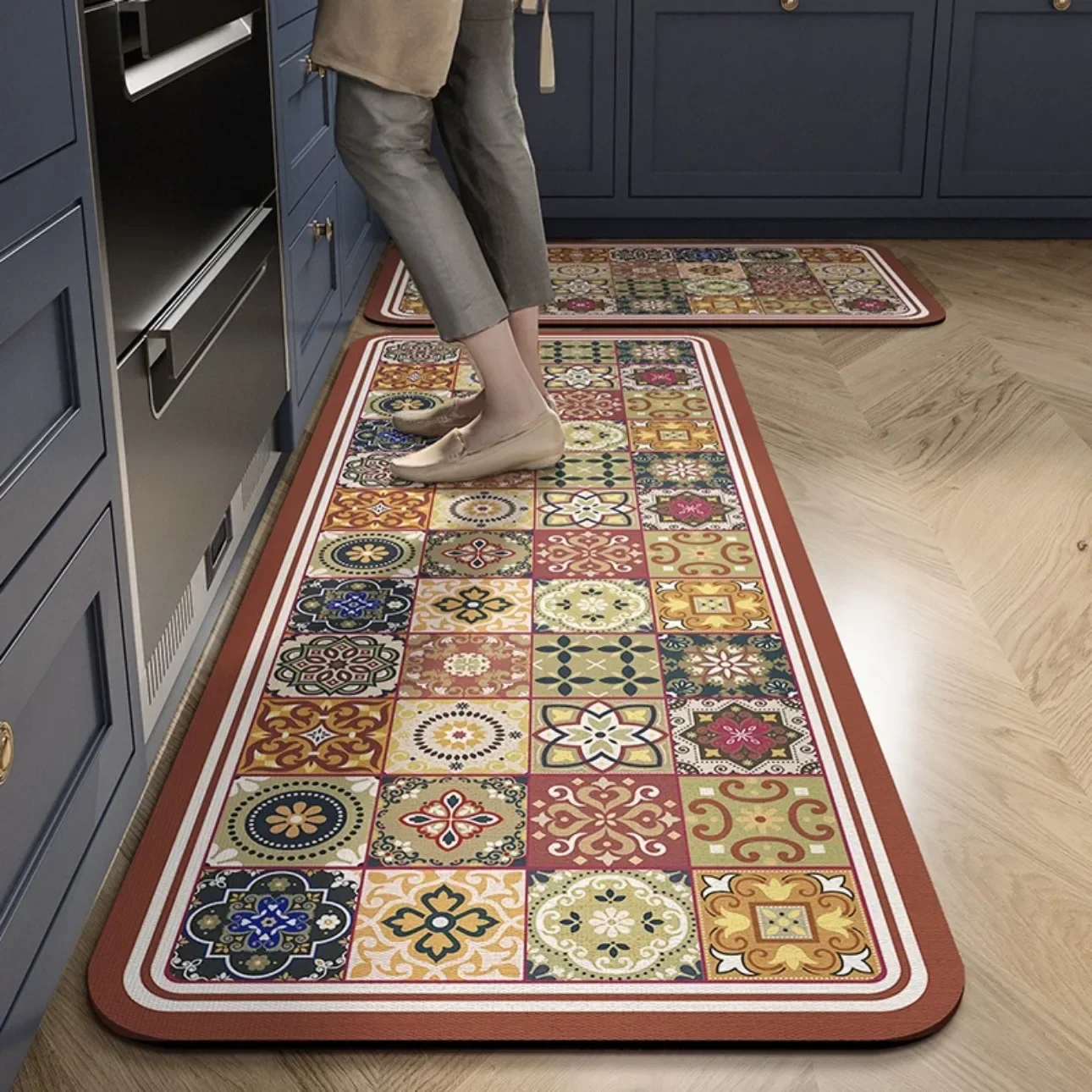 2-Piece Kitchen Oil-Proof Floor Mat Home Non-Slip Door Mat Full of Stand-Resistant Large Area Mat Carpet Crystal Velvet