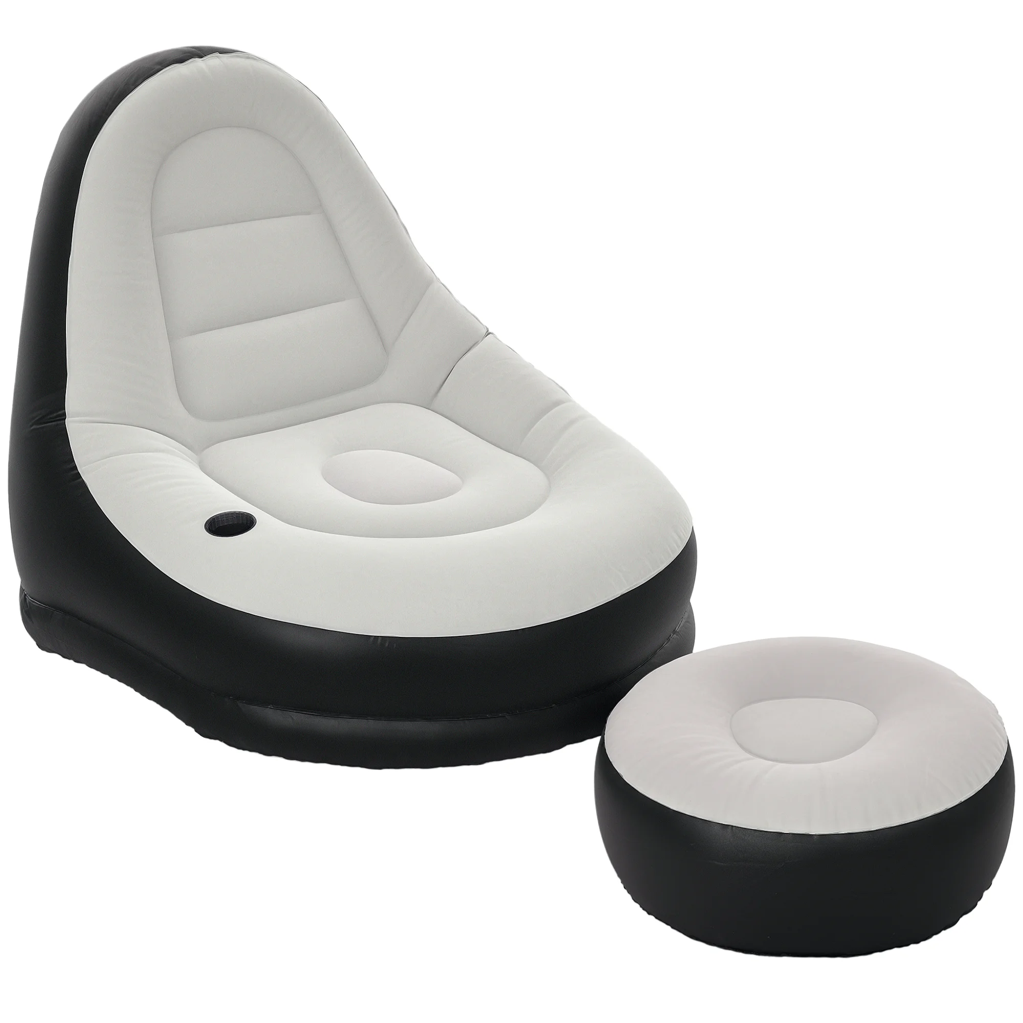 Sofá inflable Outsunny con reposapiés, tela suave tipo felpa y portavasos, gris