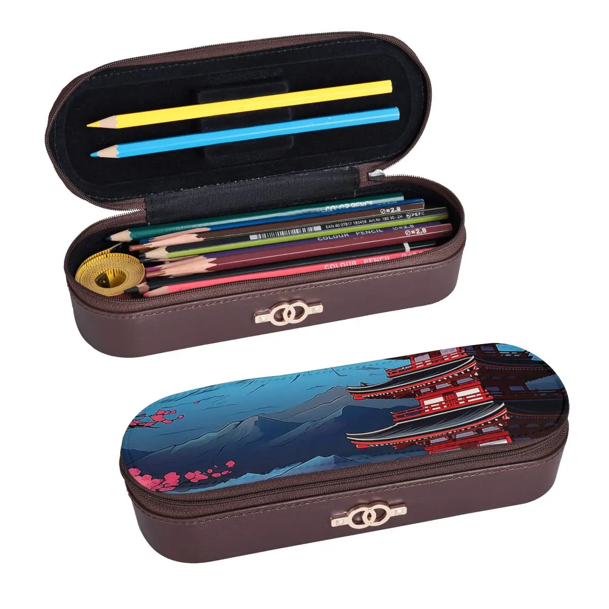 Japan Sakura Cherry Blossoms With A Red Rising Sun (6) Leather Pencil Cases Pen Holder Storage Stationery Supplies Pen Box