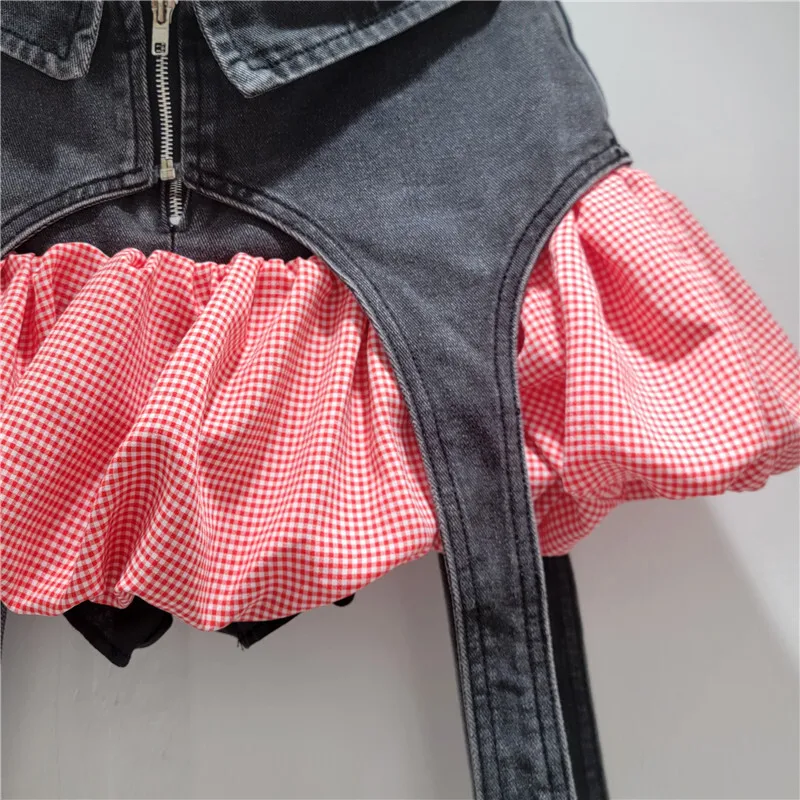 HKSH Letnia Nowa Damska Moda Y2K High Street Oryginalny Design Gorąca Denimowa Łatka Krata Modna Spódnica A-line Bufiasta HK6260