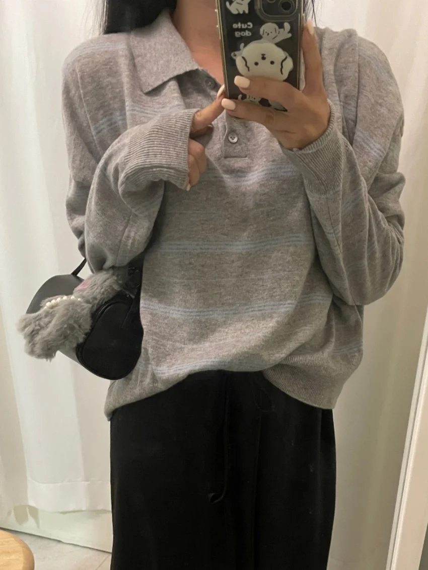 

Alien Kitty Ретро Женские свитера для девочек Шикарные свободные полоски Новые тонкие пуловеры Осенняя мода Повседневные универсальные свитера с длинным рукавом