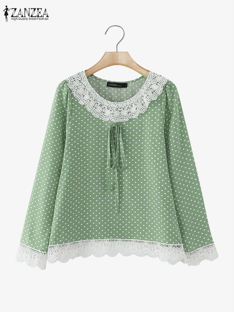 2025 Spring Polka Dots Printed Blouse ZANZEA Women Patchwork Tops Casual O-Neck Long Sleeve Blusas Female OL Work Shirt Oversize