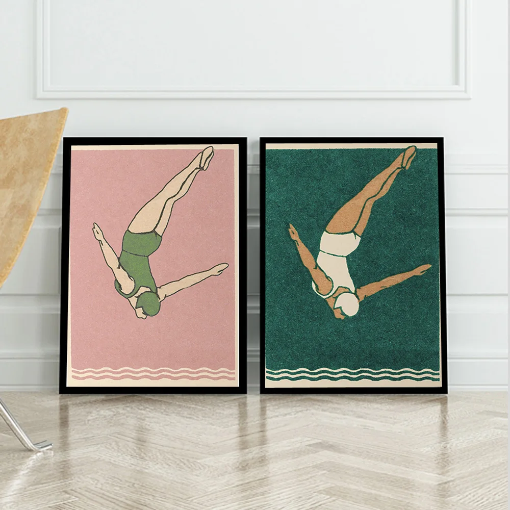 Vintage Pink Green Aesthetic Posters and Prints Diver Canvas Painting Modern Wall Pictures Maritime Bathroom Home Decor No Frame