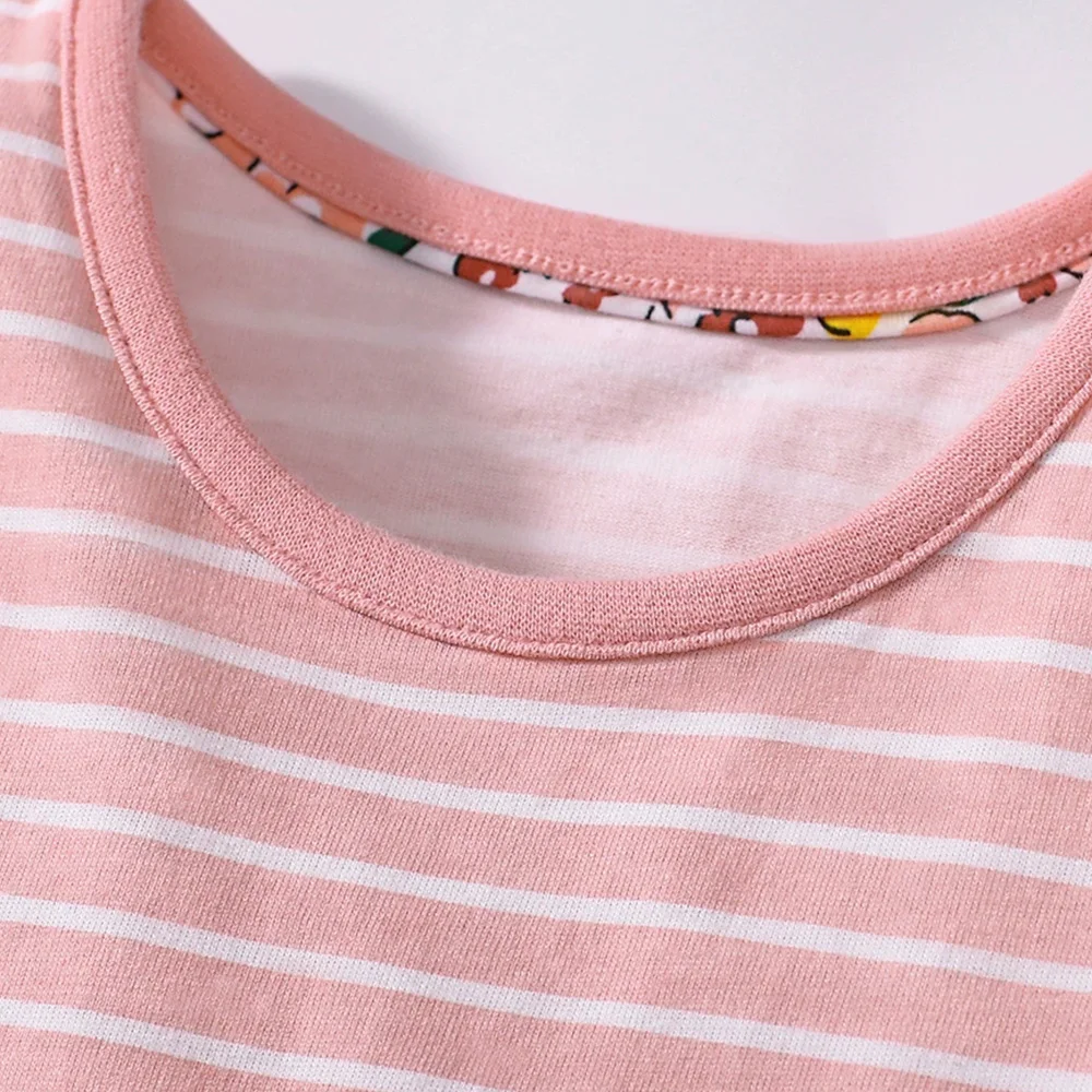 VIKITA 2025 New Kids Summer Short Sleeve Frocks Kids Dinosaur Cartoon Appliqued Cotton Casual Daily Striped Straight Dresses