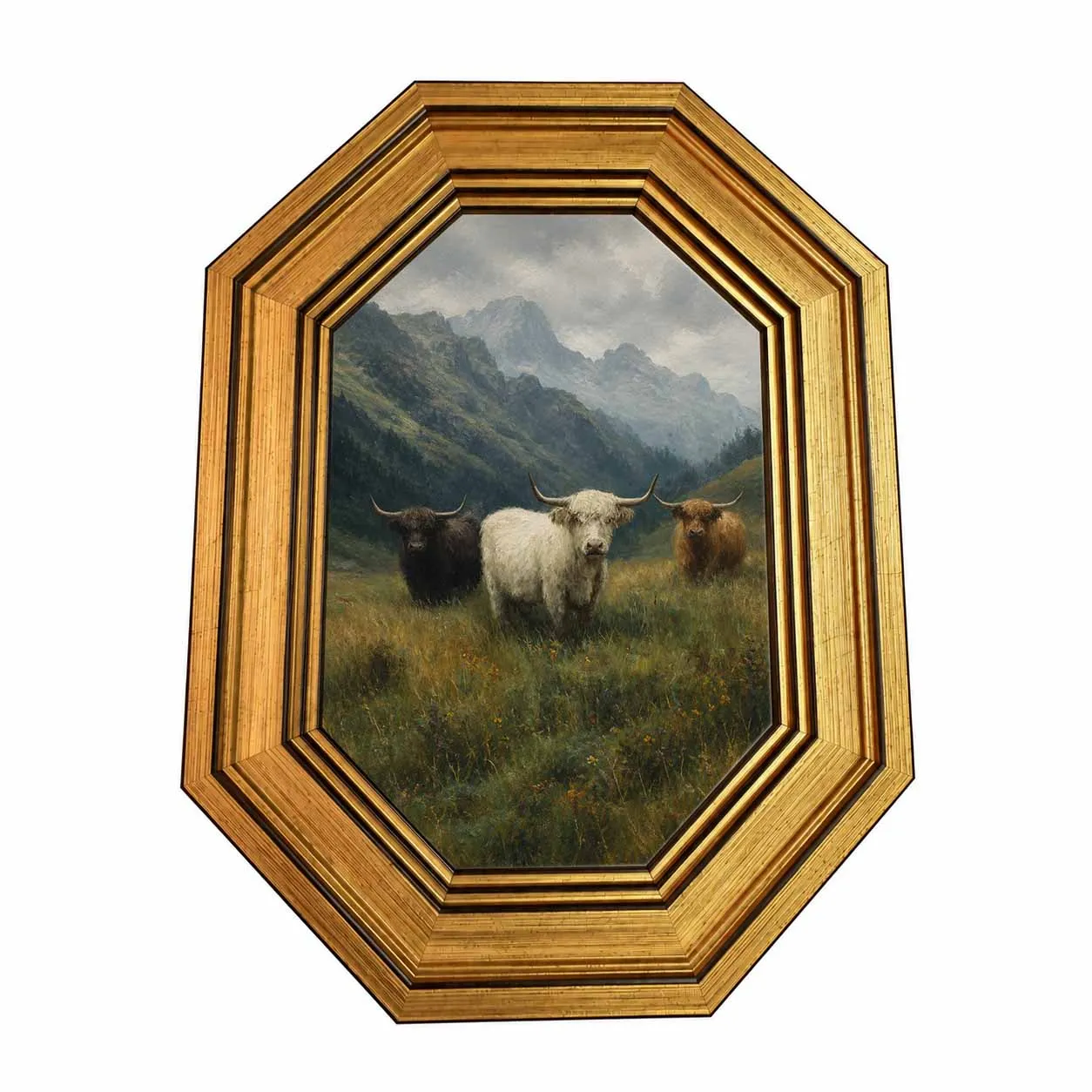 Vintage Octagon Gold Frame Highland Cow Mountain Painting, Dual Use Tabletop Hanging Rustic Farm Animal Wall Decor