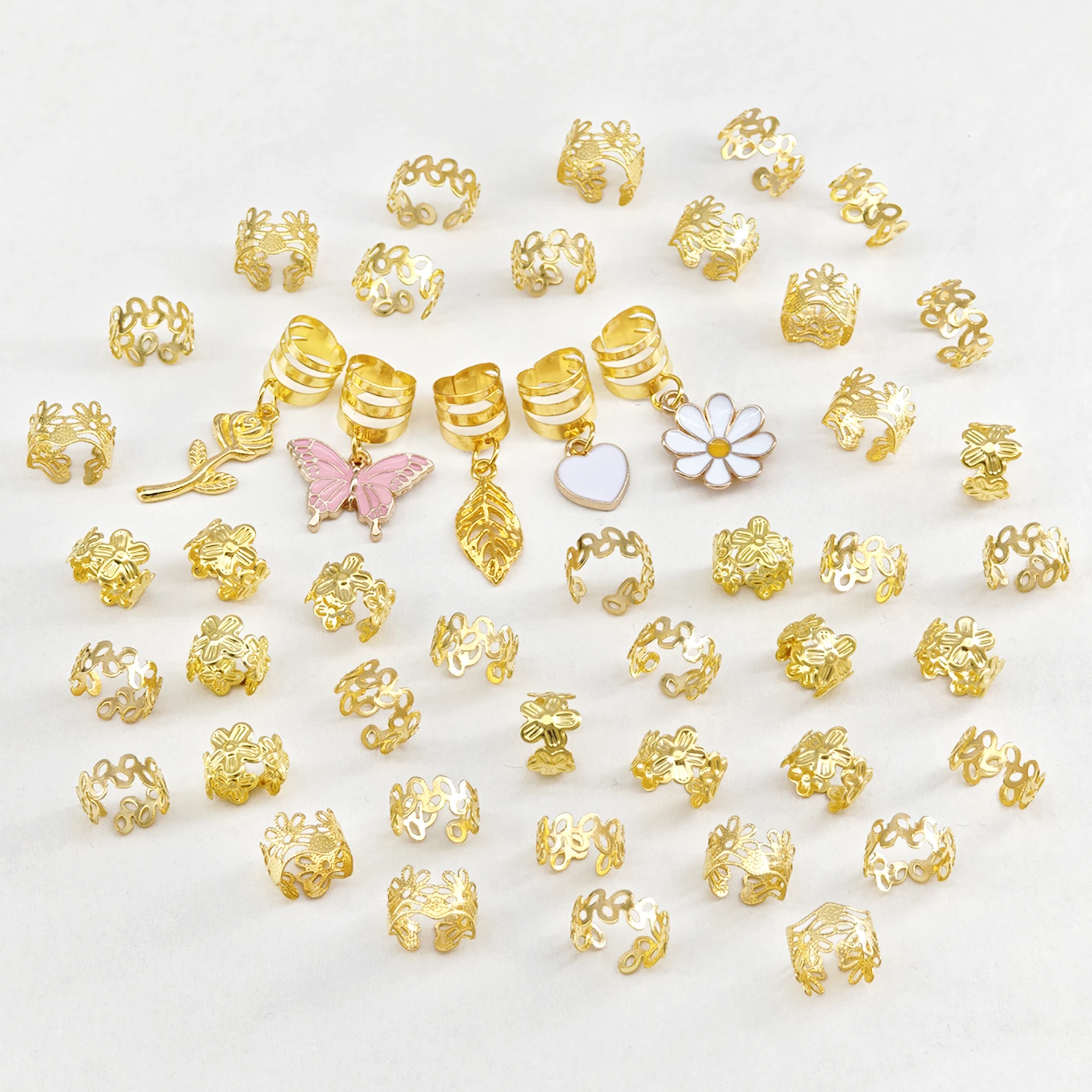 45pcs White Heart & Daisy Pink Butterfly Golden Leaf & Rose Hair Rings – Delicate Adjustable Cuffs, Sweet Bohemian Hair Jewelry - view 3