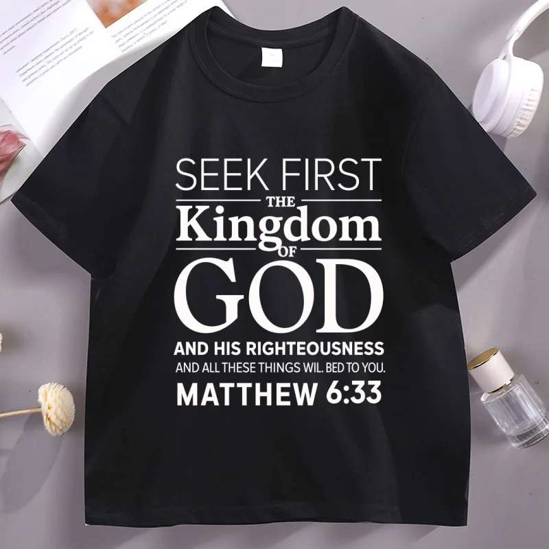 

Christian Men T Shirt Bible Verse T-Shirt Christian Merch Cross Jesus Seek First The Kingdom Tshirt Casual Round Neck Clothes