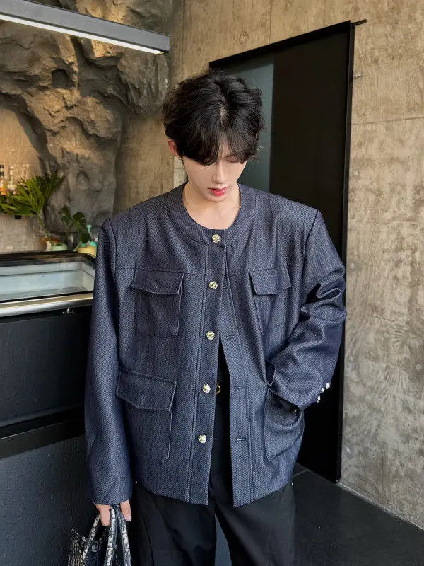 

New Premium Vintage Money Sle Denim Jaet Men's Collarl Autumn Faion Top Workwear Trendy round Ne Button up Coat
