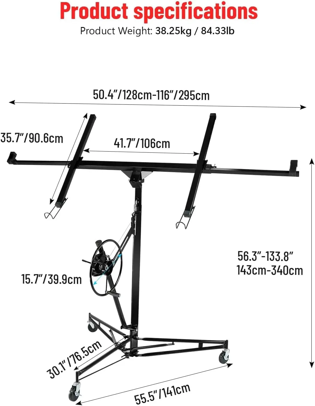 Tacleekii 11FT Adjustable Drywall Lift 150Lbs Heavy Duty Capacity Steel Panel Hoist with Telescopic Arm & Locking Wheels Single Person Drywall Lifter, Sheetrock Lift for Ceiling Installation
