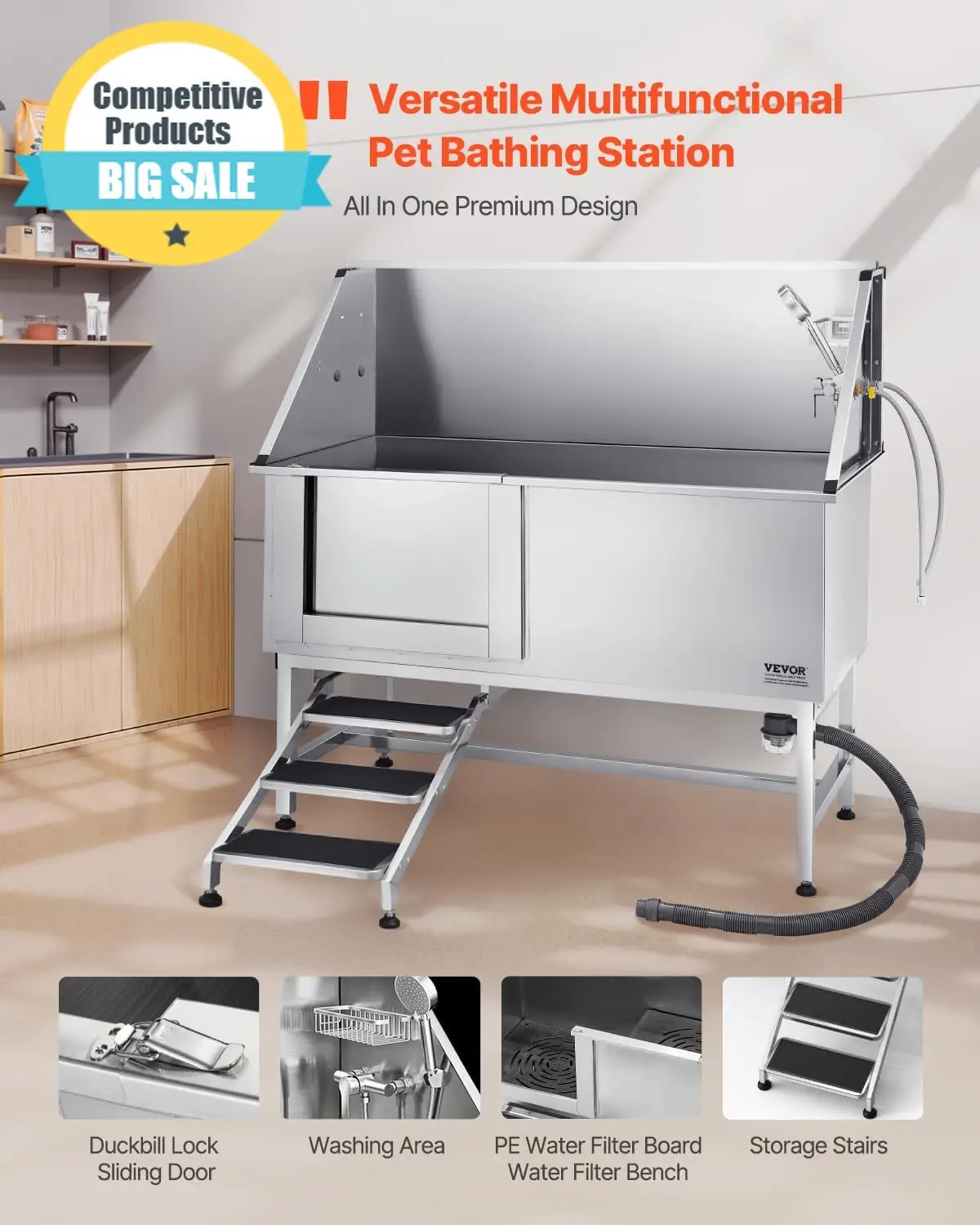

Substantial Stainless Steel Dog Washing Station, Professional 62 Inch Pet Grooming Tub W/Stairs, PE Water Filter Board, Faucet