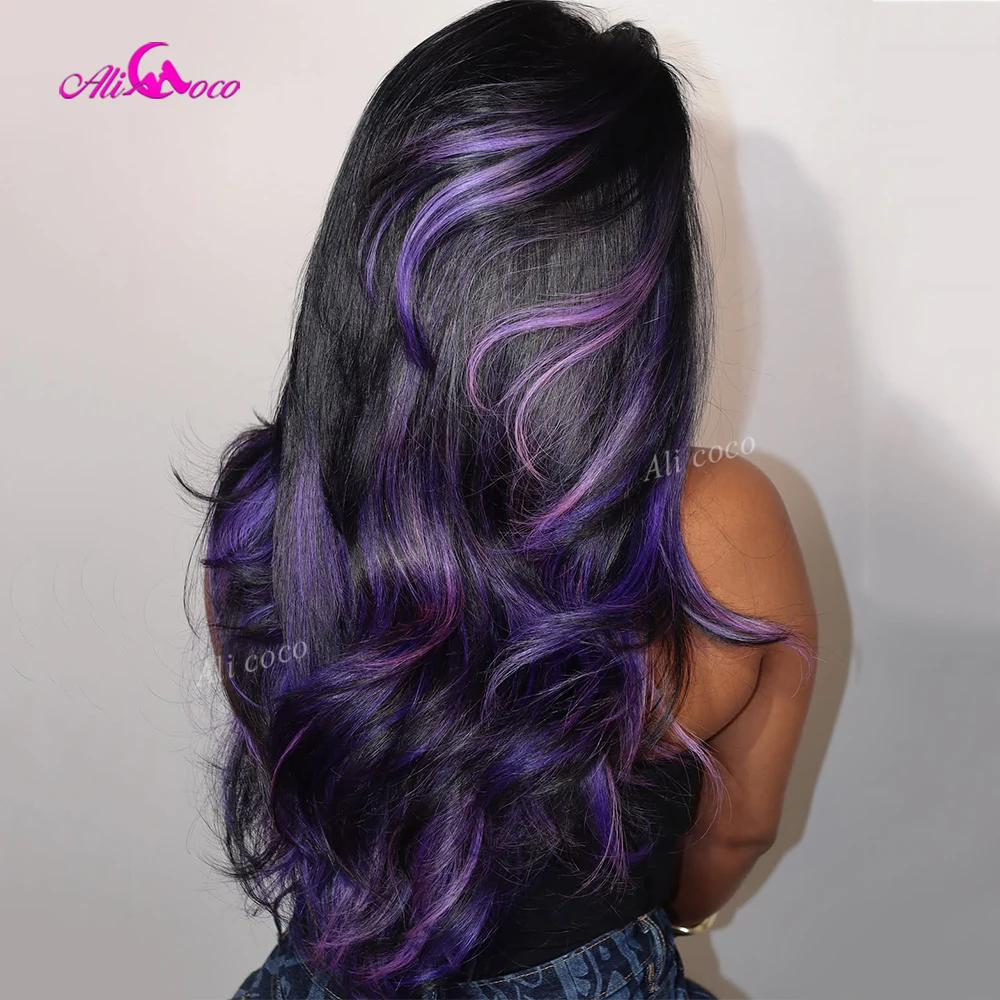 Pieces of Dark Purple Highlights 13x6 Lace Front Human Hair Glueless Wig 200 Density Body Wave Drawstring Wig for Women