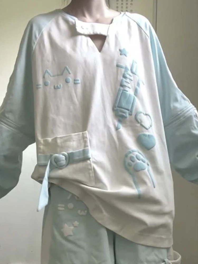 Kawii لطيف الكرتون المطبوعة تيز المرأة طويلة الأكمام هوديي المرأة الخريف فضفاض الأزرق اللون سترة القمم 2025 موضة جديدة معطف الإناث