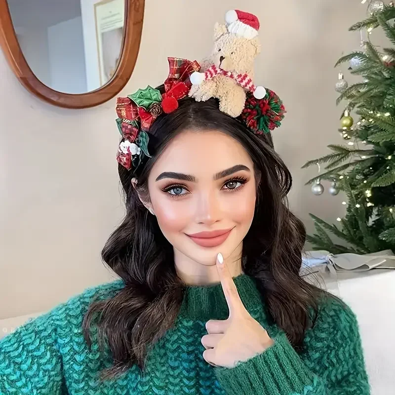 

1 Senior Christmas Plush Bear Headband with Red and Green Plaid Bow Christmas Hat and Scarf Winter Celebration